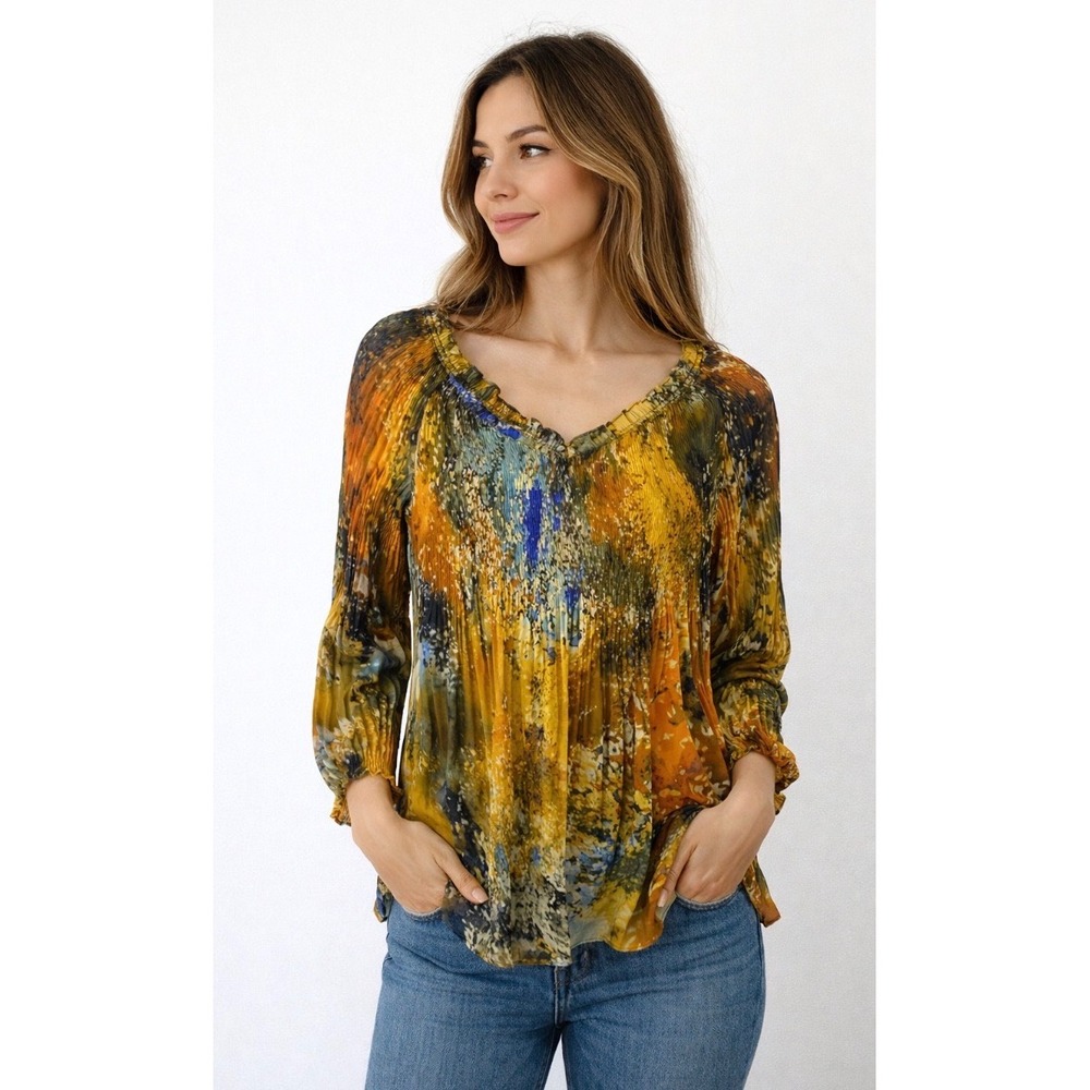 Boho babydoll top M Pleated Abstract Earth Tone V-Neck Ruffle Blouse Multicolor
